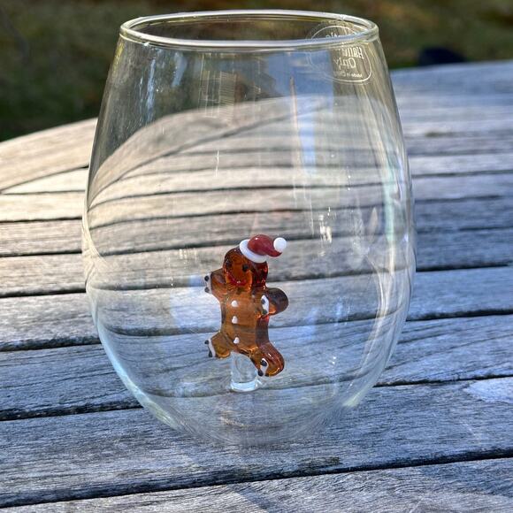 New Handblown Glass Stemless Wine Glass Decorated Gingerbread Man Holiday Décor - Picture 3 of 11